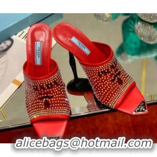 Stylish Prada TPU High Heel Mules 10cm with Crystal Studs Red 042743