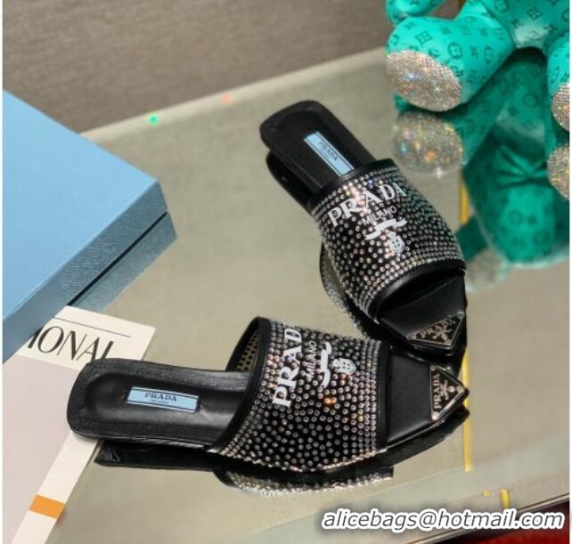 Perfect Prada TPU Flat Mules with Crystal Studs Black 2042749