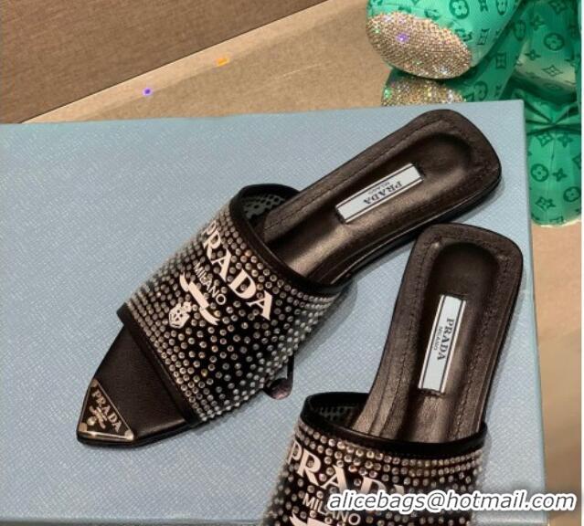 Perfect Prada TPU Flat Mules with Crystal Studs Black 2042749