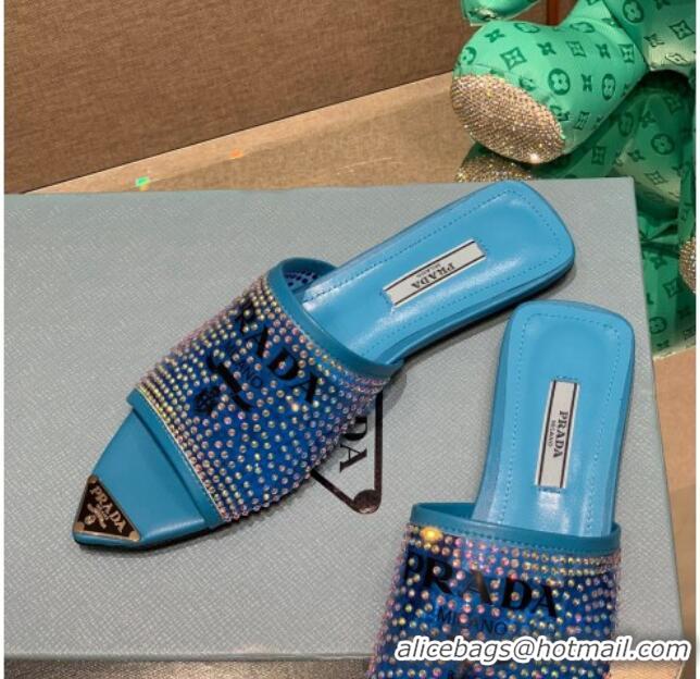 Luxury Prada TPU Flat Mules with Crystal Studs Blue 2042750