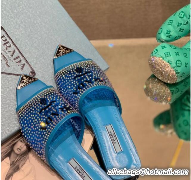 Luxury Prada TPU Flat Mules with Crystal Studs Blue 2042750