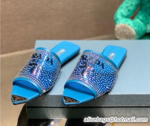 Luxury Prada TPU Flat Mules with Crystal Studs Blue 2042750