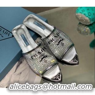 Stylish Prada TPU Flat Mules with Crystal Studs Silver 2042754