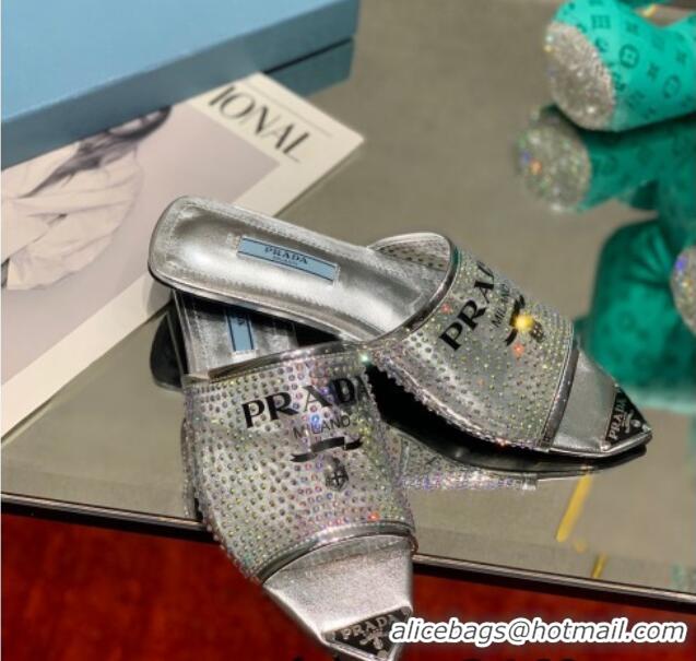 Stylish Prada TPU Flat Mules with Crystal Studs Silver 2042754