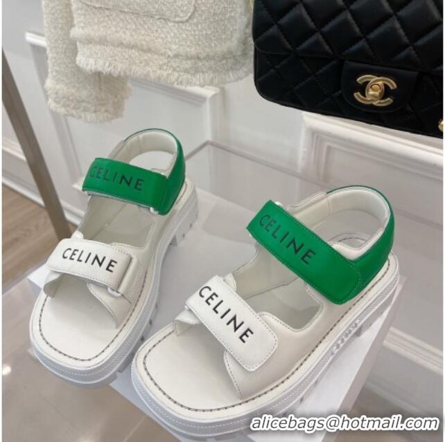 Top Design Celine Leather Strap Sandals White/Green 042140