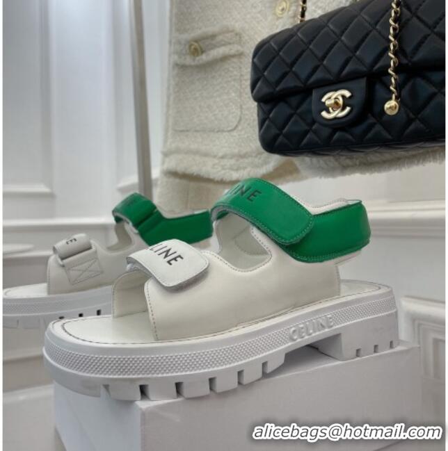 Top Design Celine Leather Strap Sandals White/Green 042140