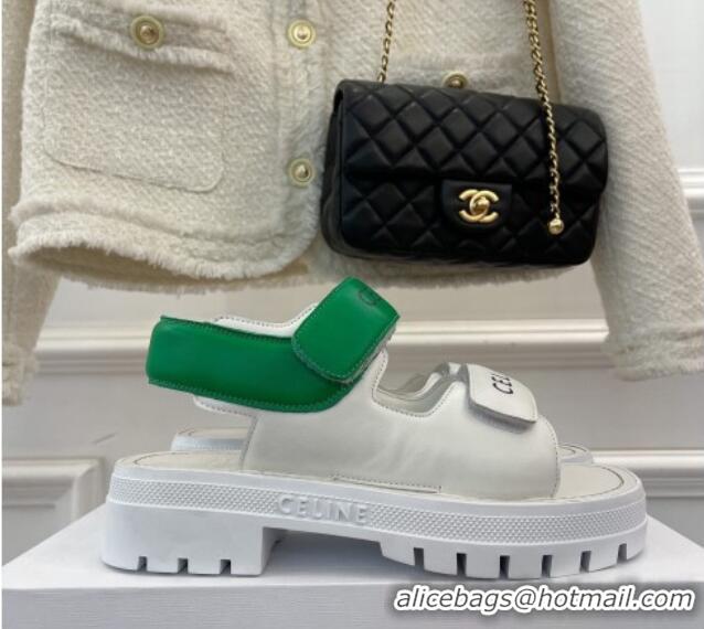 Top Design Celine Leather Strap Sandals White/Green 042140