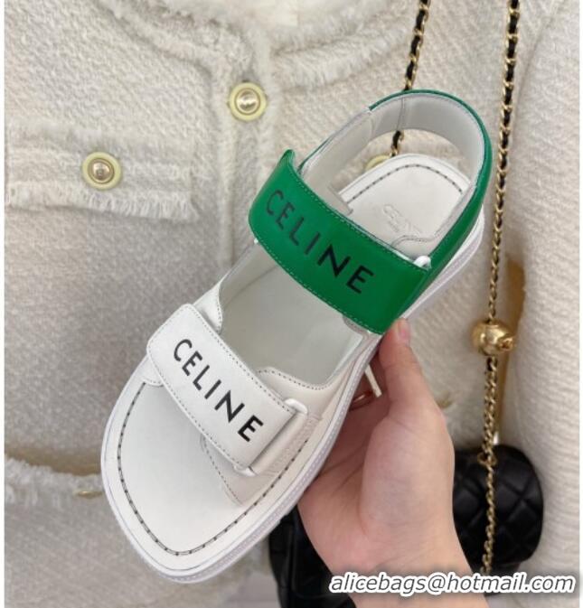 Top Design Celine Leather Strap Sandals White/Green 042140