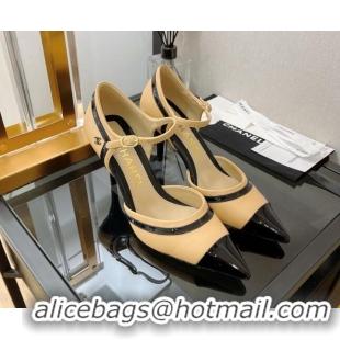 Charming Chanel Lambskin & Patent Calfskin Pointed Toe Pumps 8.5cm Beige 042153