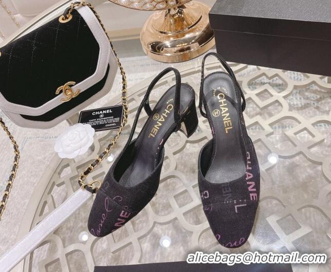 Purchase Chanel Denim Print Slingbacks Pumps 6.5cm G31318 Dark Gray 042157