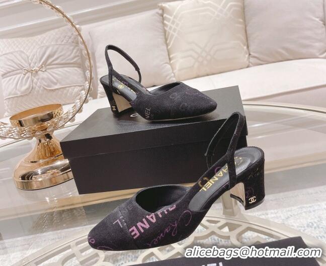 Purchase Chanel Denim Print Slingbacks Pumps 6.5cm G31318 Dark Gray 042157