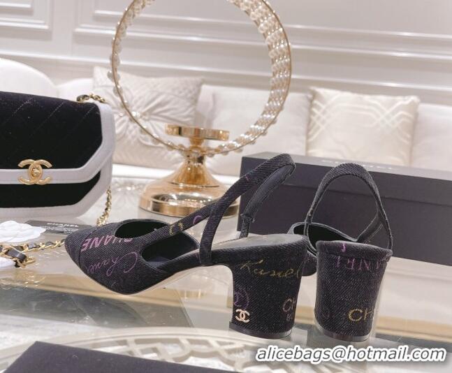 Purchase Chanel Denim Print Slingbacks Pumps 6.5cm G31318 Dark Gray 042157