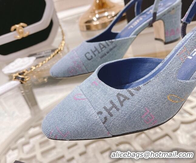 Best Grade Chanel Denim Print Slingbacks Pumps 6.5cm G31318 Light Blue 042158