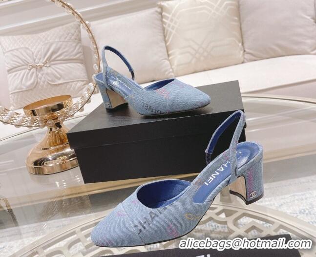 Best Grade Chanel Denim Print Slingbacks Pumps 6.5cm G31318 Light Blue 042158