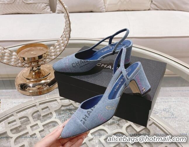 Best Grade Chanel Denim Print Slingbacks Pumps 6.5cm G31318 Light Blue 042158