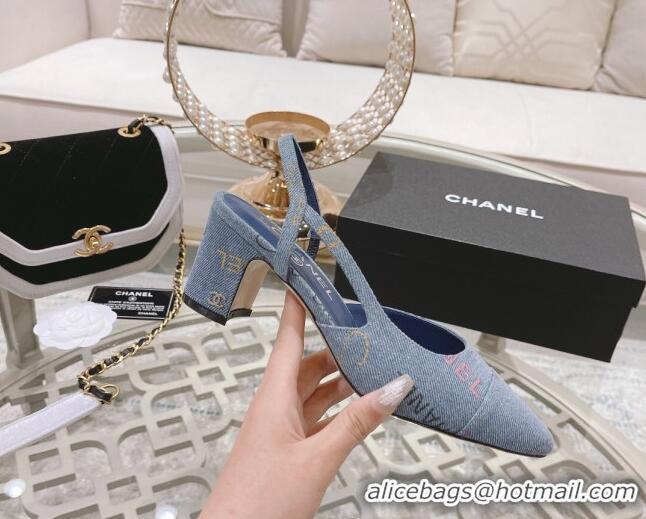 Best Grade Chanel Denim Print Slingbacks Pumps 6.5cm G31318 Light Blue 042158