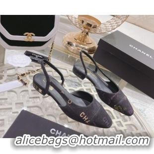 Most Popular Chanel Denim Print Slingbacks 2cm G31318 Dark Gray 042159