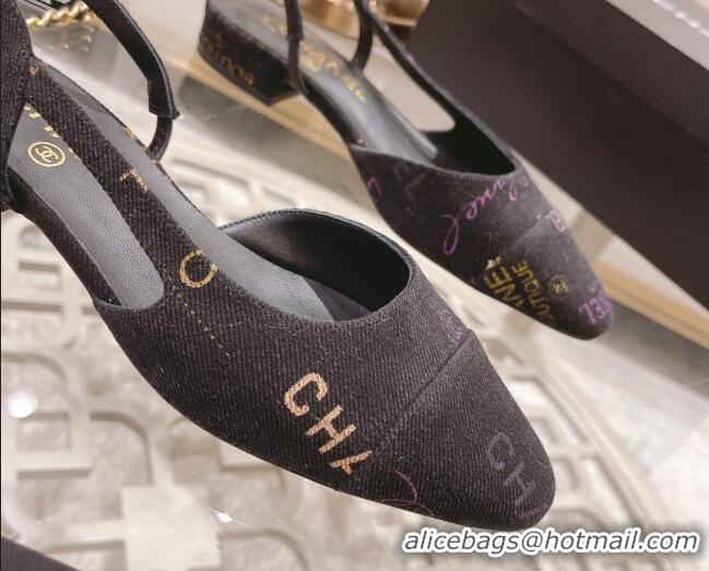 Most Popular Chanel Denim Print Slingbacks 2cm G31318 Dark Gray 042159