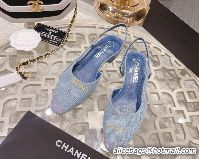 Discount Chanel Denim Print Slingbacks 2cm G31318 Light Blue 042160