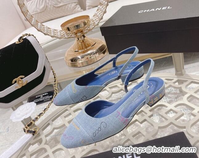 Discount Chanel Denim Print Slingbacks 2cm G31318 Light Blue 042160