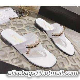 Discount Chanel Lambskin Pearl Chain Thong Slide Sandals White 042161