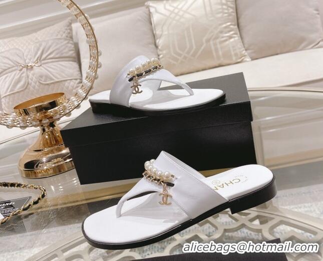 Discount Chanel Lambskin Pearl Chain Thong Slide Sandals White 042161