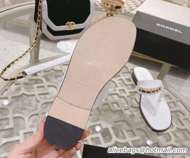 Discount Chanel Lambskin Pearl Chain Thong Slide Sandals White 042161