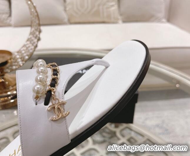 Discount Chanel Lambskin Pearl Chain Thong Slide Sandals White 042161