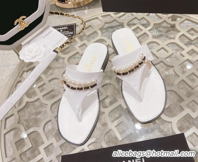 Discount Chanel Lambskin Pearl Chain Thong Slide Sandals White 042161