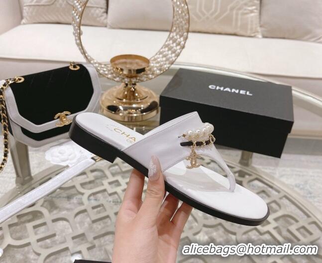 Discount Chanel Lambskin Pearl Chain Thong Slide Sandals White 042161