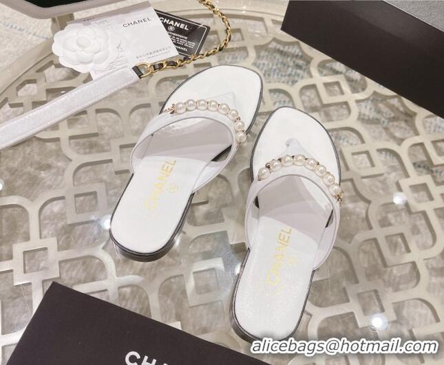 Discount Chanel Lambskin Pearl Chain Thong Slide Sandals White 042161