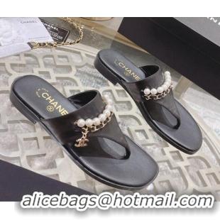 Best Price Chanel Lambskin Pearl Chain Thong Slide Sandals Black 042162