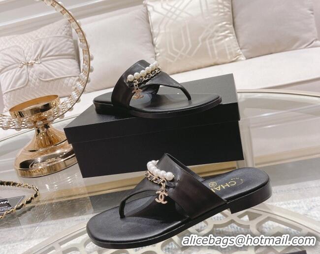 Best Price Chanel Lambskin Pearl Chain Thong Slide Sandals Black 042162