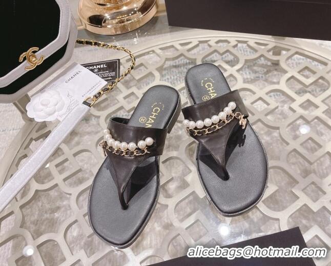 Best Price Chanel Lambskin Pearl Chain Thong Slide Sandals Black 042162