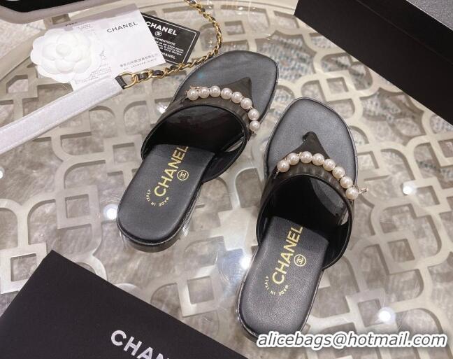 Best Price Chanel Lambskin Pearl Chain Thong Slide Sandals Black 042162