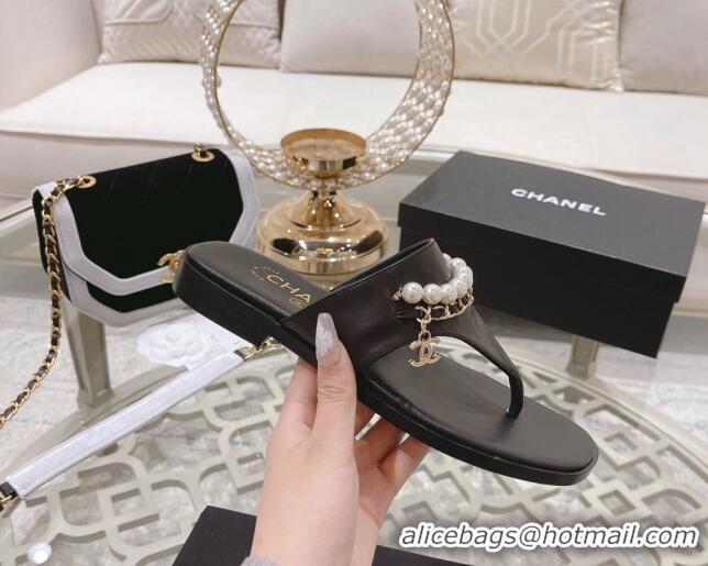 Best Price Chanel Lambskin Pearl Chain Thong Slide Sandals Black 042162