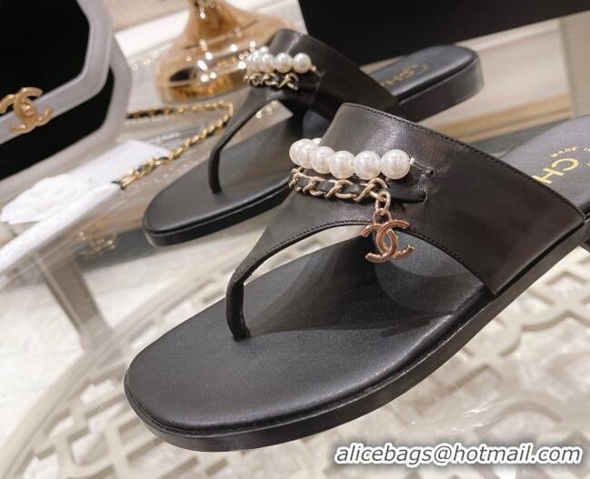 Best Price Chanel Lambskin Pearl Chain Thong Slide Sandals Black 042162