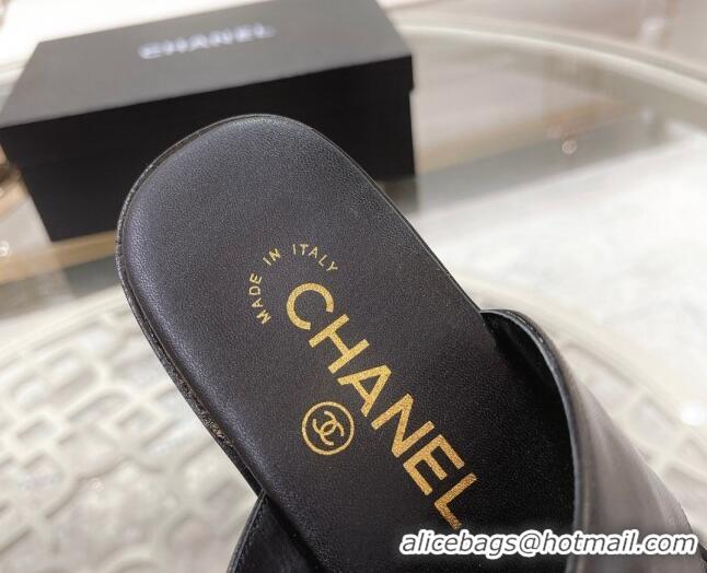 Best Price Chanel Lambskin Pearl Chain Thong Slide Sandals Black 042162