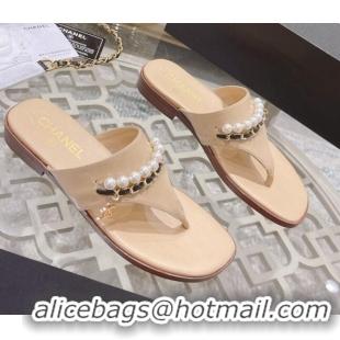 Fashion Chanel Lambskin Pearl Chain Thong Slide Sandals Apricot 042163