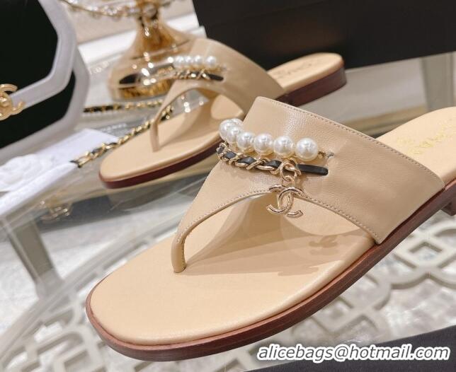 Fashion Chanel Lambskin Pearl Chain Thong Slide Sandals Apricot 042163