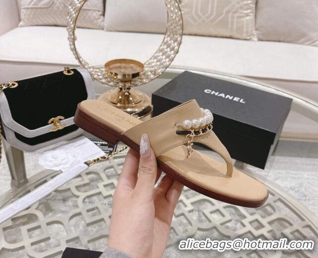 Fashion Chanel Lambskin Pearl Chain Thong Slide Sandals Apricot 042163