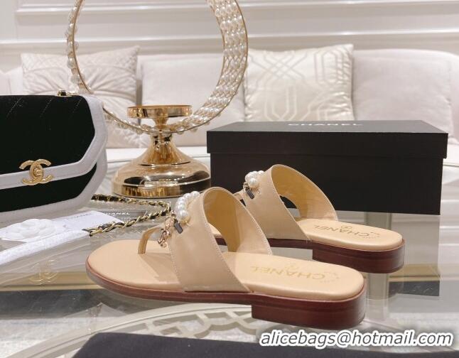 Fashion Chanel Lambskin Pearl Chain Thong Slide Sandals Apricot 042163