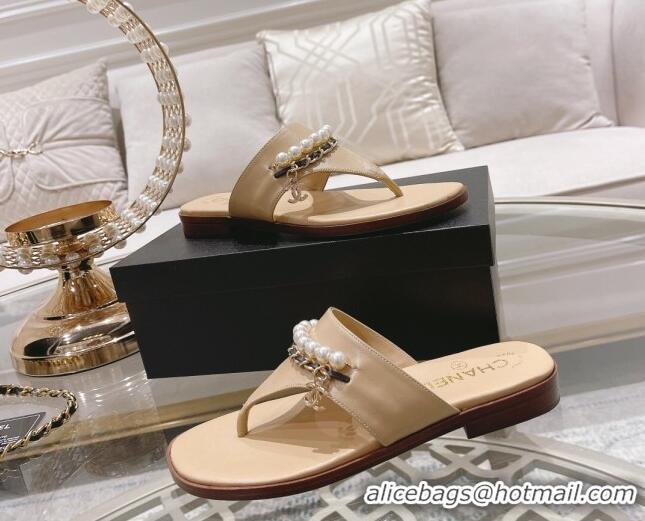 Fashion Chanel Lambskin Pearl Chain Thong Slide Sandals Apricot 042163