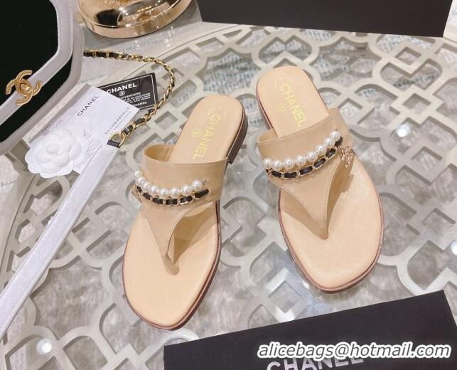 Fashion Chanel Lambskin Pearl Chain Thong Slide Sandals Apricot 042163