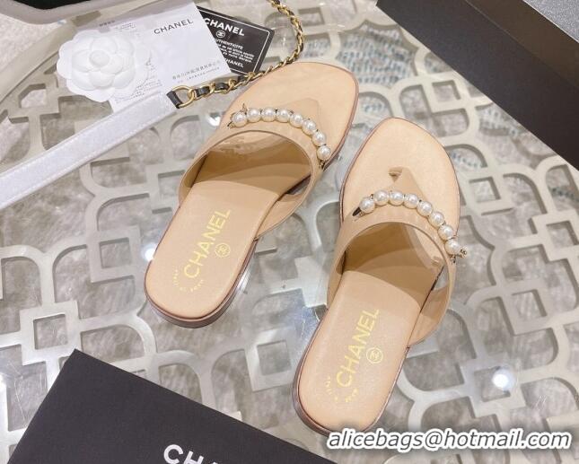 Fashion Chanel Lambskin Pearl Chain Thong Slide Sandals Apricot 042163