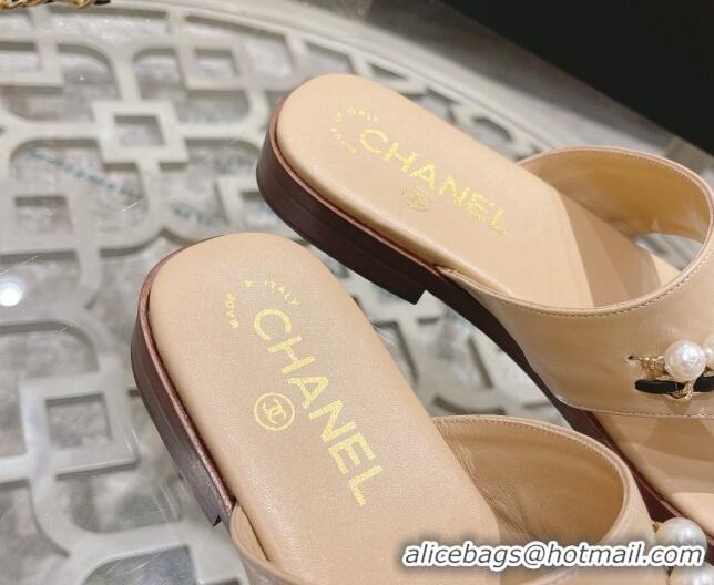 Fashion Chanel Lambskin Pearl Chain Thong Slide Sandals Apricot 042163