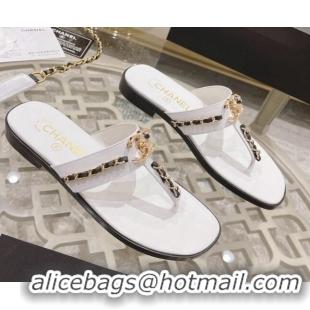 Good Looking Chanel Lambskin CC Chain Thong Slide Sandals White 042164