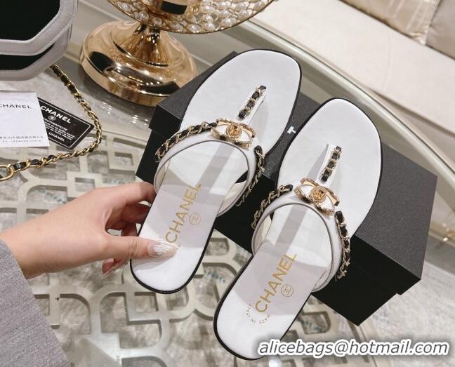 Good Looking Chanel Lambskin CC Chain Thong Slide Sandals White 042164