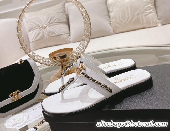 Good Looking Chanel Lambskin CC Chain Thong Slide Sandals White 042164