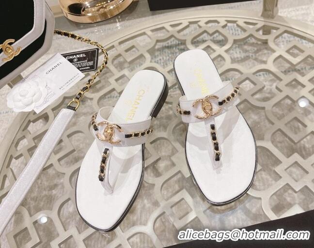 Good Looking Chanel Lambskin CC Chain Thong Slide Sandals White 042164